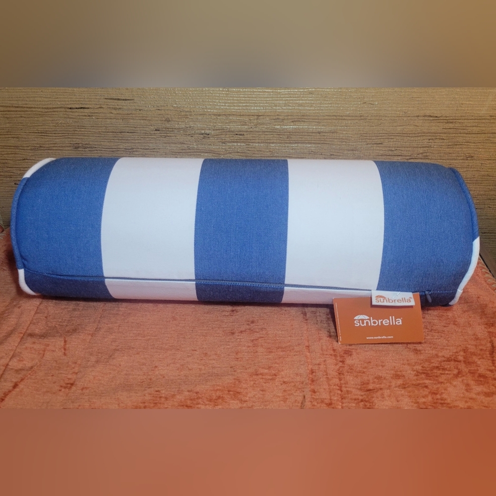 New Outdoor Sunbrella Neck Roll Bolster Pillow Water Resistant Blue & White